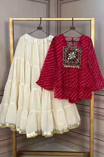 Hot Pink Traditional Kora Cotton Frill Chaniya Choli For Navratri Set & Festive Wear