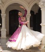 Wine & Off White Kora Cotton 12 Meter Frill Stitched Chaniya Choli For Navratri Set with Dori Latkan
