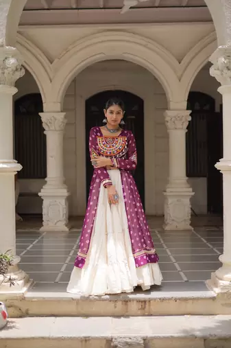 Wine & Off White Kora Cotton 12 Meter Frill Stitched Chaniya Choli For Navratri Set with Dori Latkan