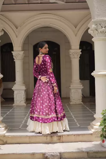 Wine & Off White Kora Cotton 12 Meter Frill Stitched Chaniya Choli For Navratri Set with Dori Latkan