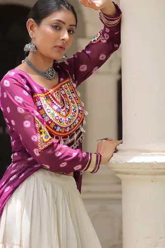 Wine & Off White Kora Cotton 12 Meter Frill Stitched Chaniya Choli For Navratri Set with Dori Latkan