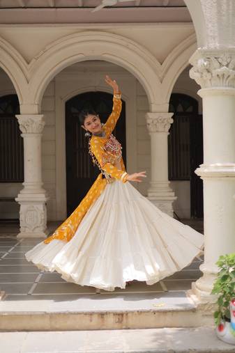 Mustard Yellow & Off White Kora Cotton 12 Meter Frill Stitched Chaniya Choli For Navratri Set 