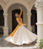 Mustard Yellow & Off White Kora Cotton 12 Meter Frill Stitched Chaniya Choli For Navratri Set 