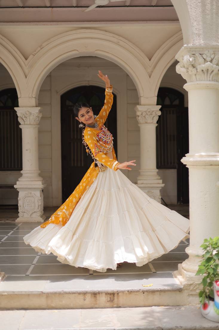 Mustard Yellow & Off White Kora Cotton 12 Meter Frill Stitched Chaniya Choli For Navratri Set 