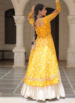 Mustard Yellow & Off White Kora Cotton 12 Meter Frill Stitched Chaniya Choli For Navratri Set  3