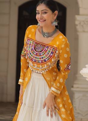 Mustard Yellow & Off White Kora Cotton 12 Meter Frill Stitched Chaniya Choli For Navratri Set  4