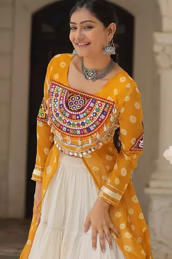 Mustard Yellow & Off White Kora Cotton 12 Meter Frill Stitched Chaniya Choli For Navratri Set 