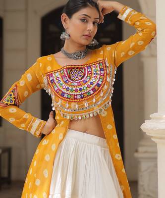 Mustard Yellow & Off White Kora Cotton 12 Meter Frill Stitched Chaniya Choli For Navratri Set  5