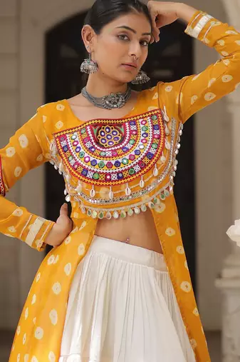 Mustard Yellow & Off White Kora Cotton 12 Meter Frill Stitched Chaniya Choli For Navratri Set 
