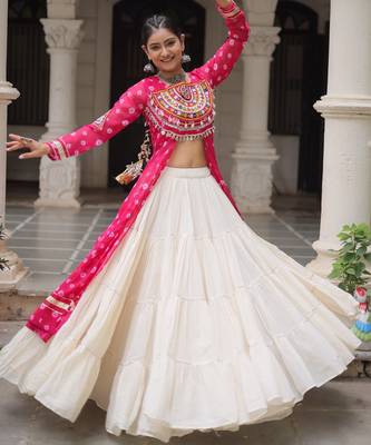 Rani Pink & Off White Kora Cotton 12 Meter Frill Stitched Chaniya Choli For Navratri Set with Dori Latkan 1