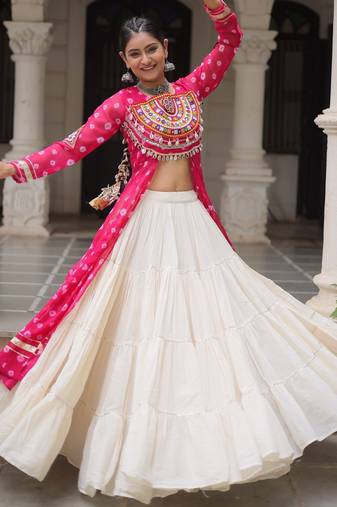 Rani Pink & Off White Kora Cotton 12 Meter Frill Stitched Chaniya Choli For Navratri Set with Dori Latkan