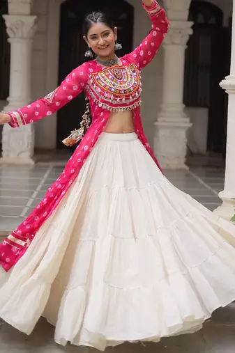 Rani Pink & Off White Kora Cotton 12 Meter Frill Stitched Chaniya Choli For Navratri Set with Dori Latkan