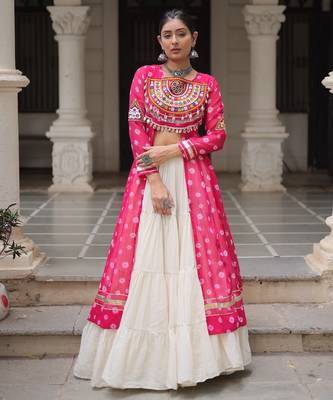 Rani Pink & Off White Kora Cotton 12 Meter Frill Stitched Chaniya Choli For Navratri Set with Dori Latkan 2