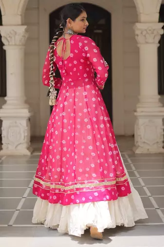 Rani Pink & Off White Kora Cotton 12 Meter Frill Stitched Chaniya Choli For Navratri Set with Dori Latkan