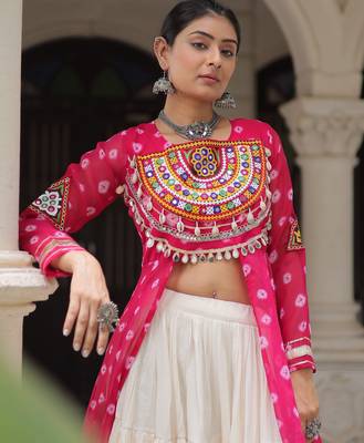 Rani Pink & Off White Kora Cotton 12 Meter Frill Stitched Chaniya Choli For Navratri Set with Dori Latkan 4
