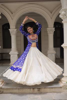 Royal Blue & Off White Kora Cotton 12 Meter Frill Stitched Chaniya Choli For Navratri with Dori Latkan 1