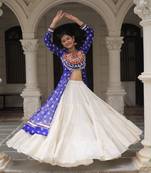 Royal Blue & Off White Kora Cotton 12 Meter Frill Stitched Chaniya Choli For Navratri with Dori Latkan