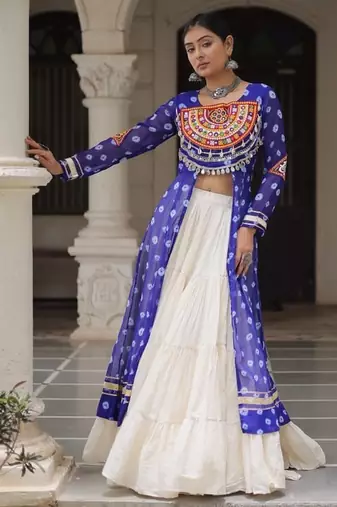 Royal Blue & Off White Kora Cotton 12 Meter Frill Stitched Chaniya Choli For Navratri with Dori Latkan