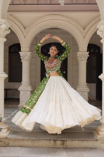 Olive Green & Off White Kora Cotton 12 Meter Frill Stitched Chaniya Choli For Navratri Set with Dori Latkan