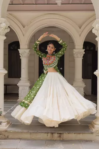 Olive Green & Off White Kora Cotton 12 Meter Frill Stitched Chaniya Choli For Navratri Set with Dori Latkan