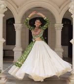 Olive Green & Off White Kora Cotton 12 Meter Frill Stitched Chaniya Choli For Navratri Set with Dori Latkan