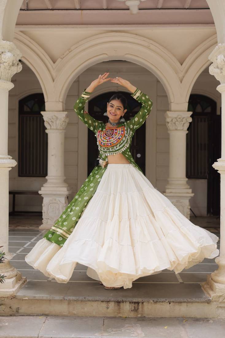 Olive Green & Off White Kora Cotton 12 Meter Frill Stitched Chaniya Choli For Navratri Set with Dori Latkan