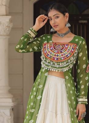 Olive Green & Off White Kora Cotton 12 Meter Frill Stitched Chaniya Choli For Navratri Set with Dori Latkan 3