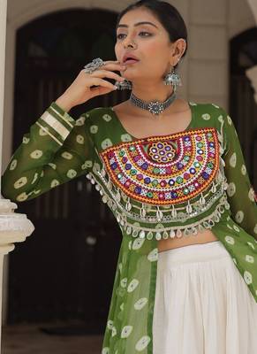 Olive Green & Off White Kora Cotton 12 Meter Frill Stitched Chaniya Choli For Navratri Set with Dori Latkan 4