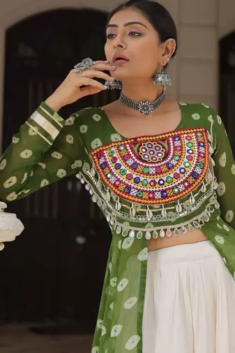 Olive Green & Off White Kora Cotton 12 Meter Frill Stitched Chaniya Choli For Navratri Set with Dori Latkan
