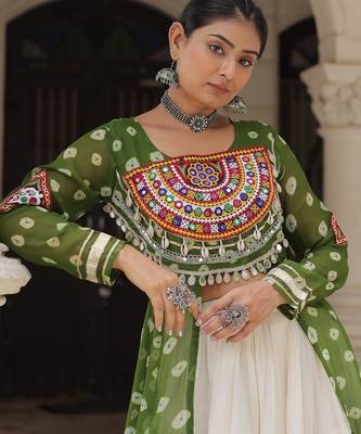 Olive Green & Off White Kora Cotton 12 Meter Frill Stitched Chaniya Choli For Navratri Set with Dori Latkan 5