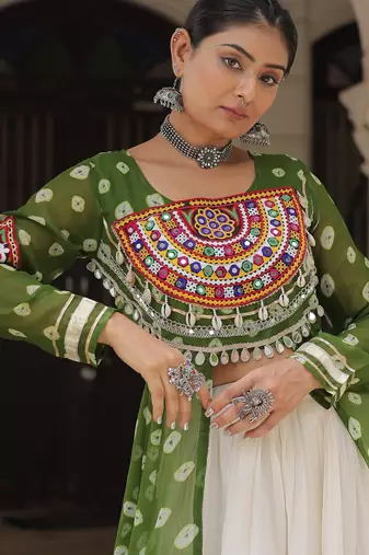 Olive Green & Off White Kora Cotton 12 Meter Frill Stitched Chaniya Choli For Navratri Set with Dori Latkan