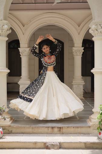 Black & Off White Kora Cotton 12 Meter Frill Stitched Chaniya Choli For Navratri Set  with Dori Latkan