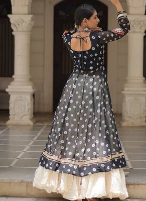 Black & Off White Kora Cotton 12 Meter Frill Stitched Chaniya Choli For Navratri Set  with Dori Latkan 3