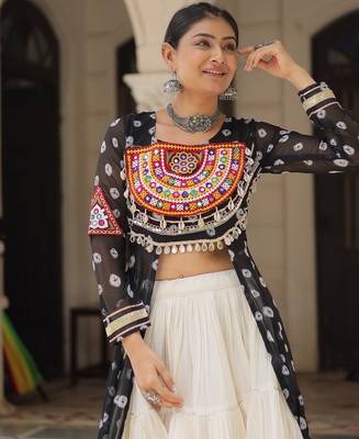 Black & Off White Kora Cotton 12 Meter Frill Stitched Chaniya Choli For Navratri Set  with Dori Latkan 4
