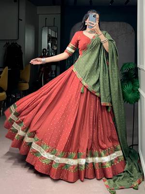Brick Red Pure Chanderi Zari Weaving Butti Chaniya Choli For Navratri Set with Olive Green Dupatta 1