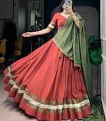 Brick Red Pure Chanderi Zari Weaving Butti Chaniya Choli For Navratri Set with Olive Green Dupatta