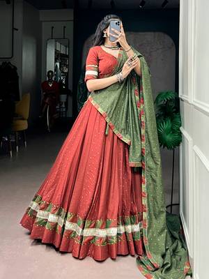 Brick Red Pure Chanderi Zari Weaving Butti Chaniya Choli For Navratri Set with Olive Green Dupatta 2