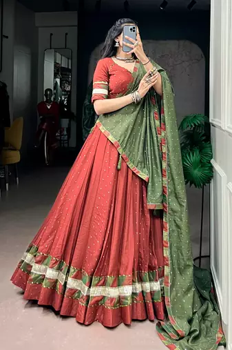 Brick Red Pure Chanderi Zari Weaving Butti Chaniya Choli For Navratri Set with Olive Green Dupatta