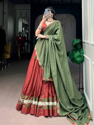 Brick Red Pure Chanderi Zari Weaving Butti Chaniya Choli For Navratri Set with Olive Green Dupatta 3