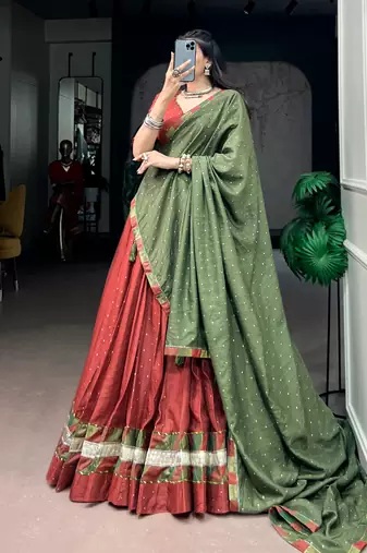 Brick Red Pure Chanderi Zari Weaving Butti Chaniya Choli For Navratri Set with Olive Green Dupatta