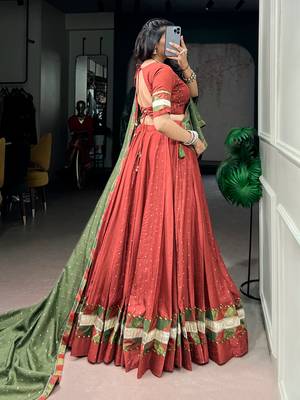Brick Red Pure Chanderi Zari Weaving Butti Chaniya Choli For Navratri Set with Olive Green Dupatta 4