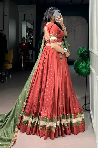Brick Red Pure Chanderi Zari Weaving Butti Chaniya Choli For Navratri Set with Olive Green Dupatta