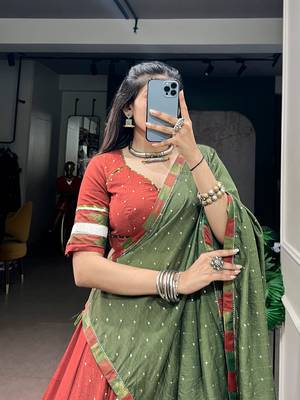 Brick Red Pure Chanderi Zari Weaving Butti Chaniya Choli For Navratri Set with Olive Green Dupatta 5