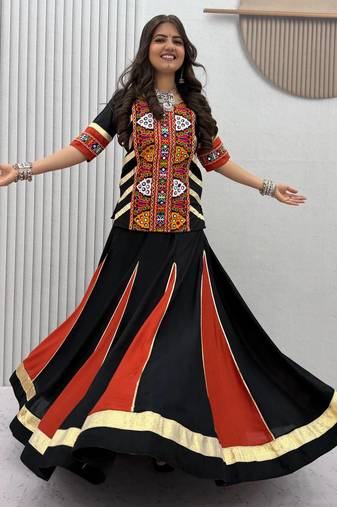 Black Pure Cotton Kediyu Chaniya Choli For Navratri Set with Traditional Kutchi Embroidery Work for Women