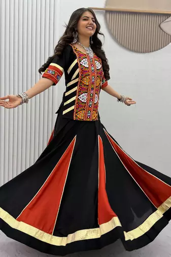 Black Pure Cotton Kediyu Chaniya Choli For Navratri Set with Traditional Kutchi Embroidery Work for Women