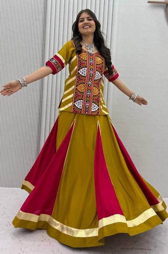 Mustard Yellow Pure Cotton Kediyu Chaniya Choli For Navratri Set with Traditional Kutchi Embroidery Work for Women