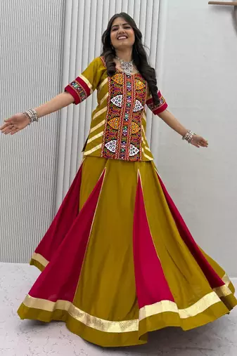 Mustard Yellow Pure Cotton Kediyu Chaniya Choli For Navratri Set with Traditional Kutchi Embroidery Work for Women