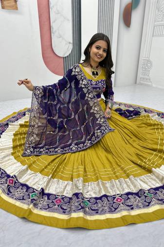 mustard yellow cotton embroidered navratri lehenga choli