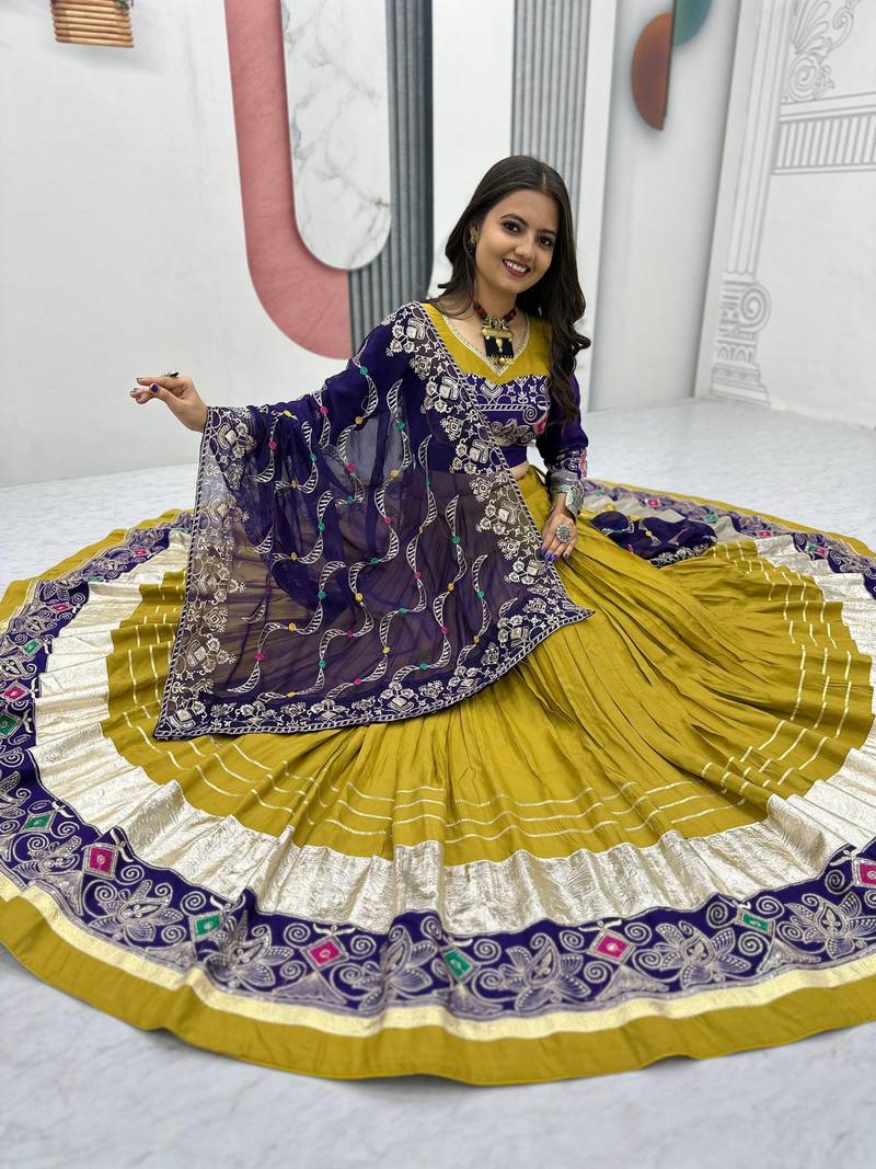 Women's Mustard Yellow Embroidered Cotton Chaniya Choli For Navratri and Dandiya