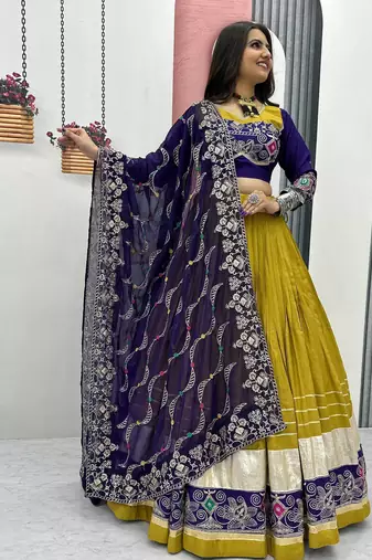 Women's Mustard Yellow Embroidered Cotton Chaniya Choli For Navratri and Dandiya